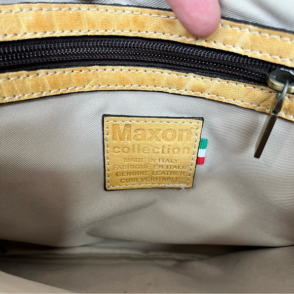 MAXON COLLECTION PEBBLED LEATHER MUSTARD YELLOW ASYMMETRIC FLAP CROSSBODY BAG - Picture 13 of 15